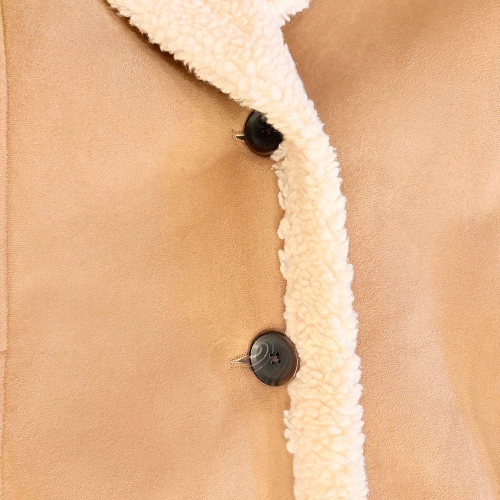Boden Bell Teddy Tan Faux Suede Faux Shearling Lined and Trimmed Long Coat Sz 16 - Picture 7 of 14